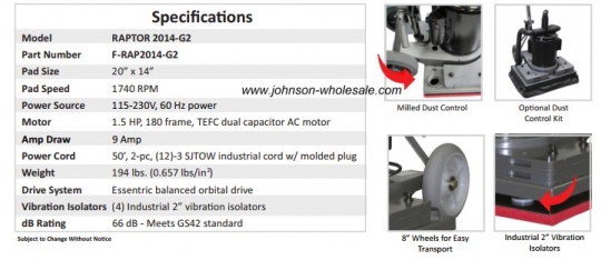 Hawk Enterprises Raptor F-RAP2014-G2 Series Floor Machine CALL for PRICE